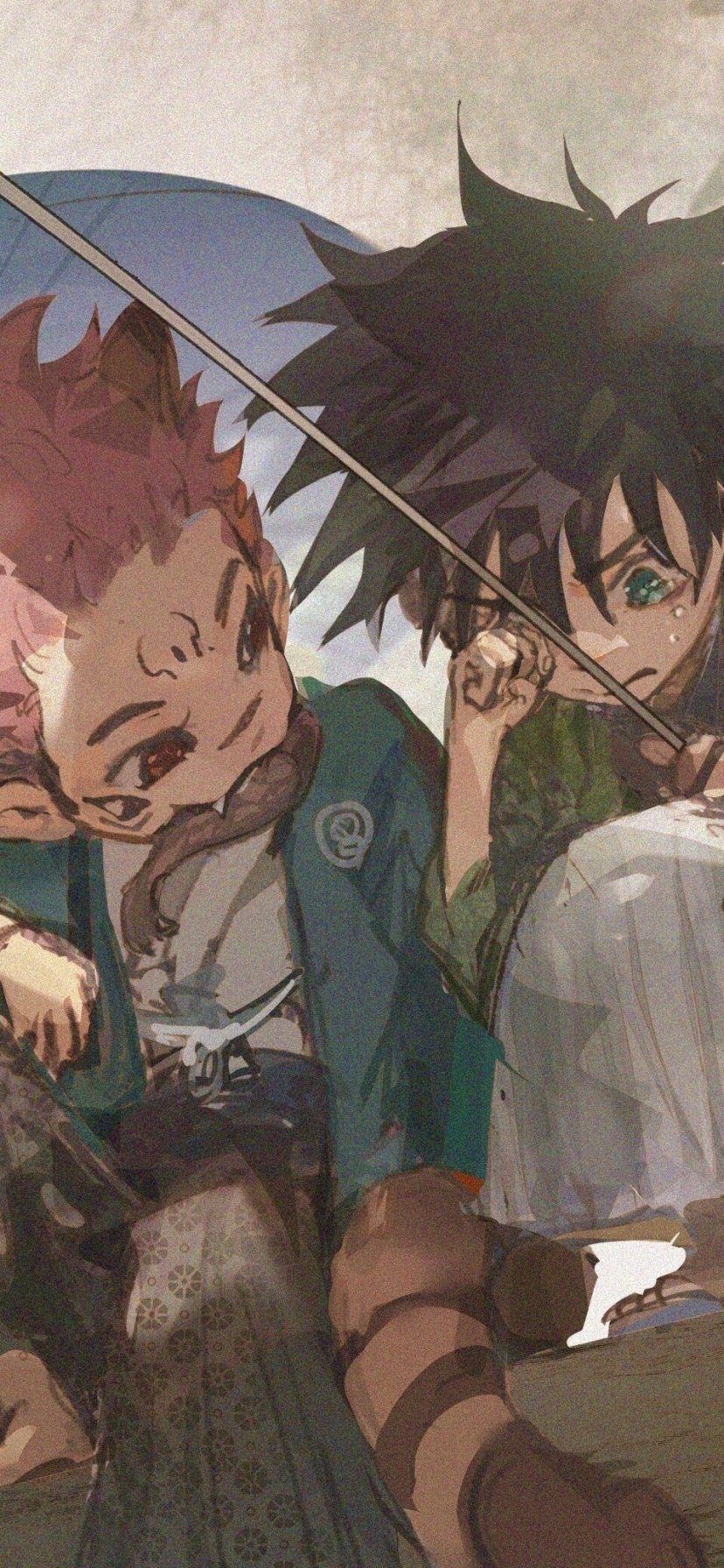 Anime phone wallpaper of Sukuna and Megumi Fushiguro (Jujutsu Kaisen), close-up scene of the two facing off with a blade.