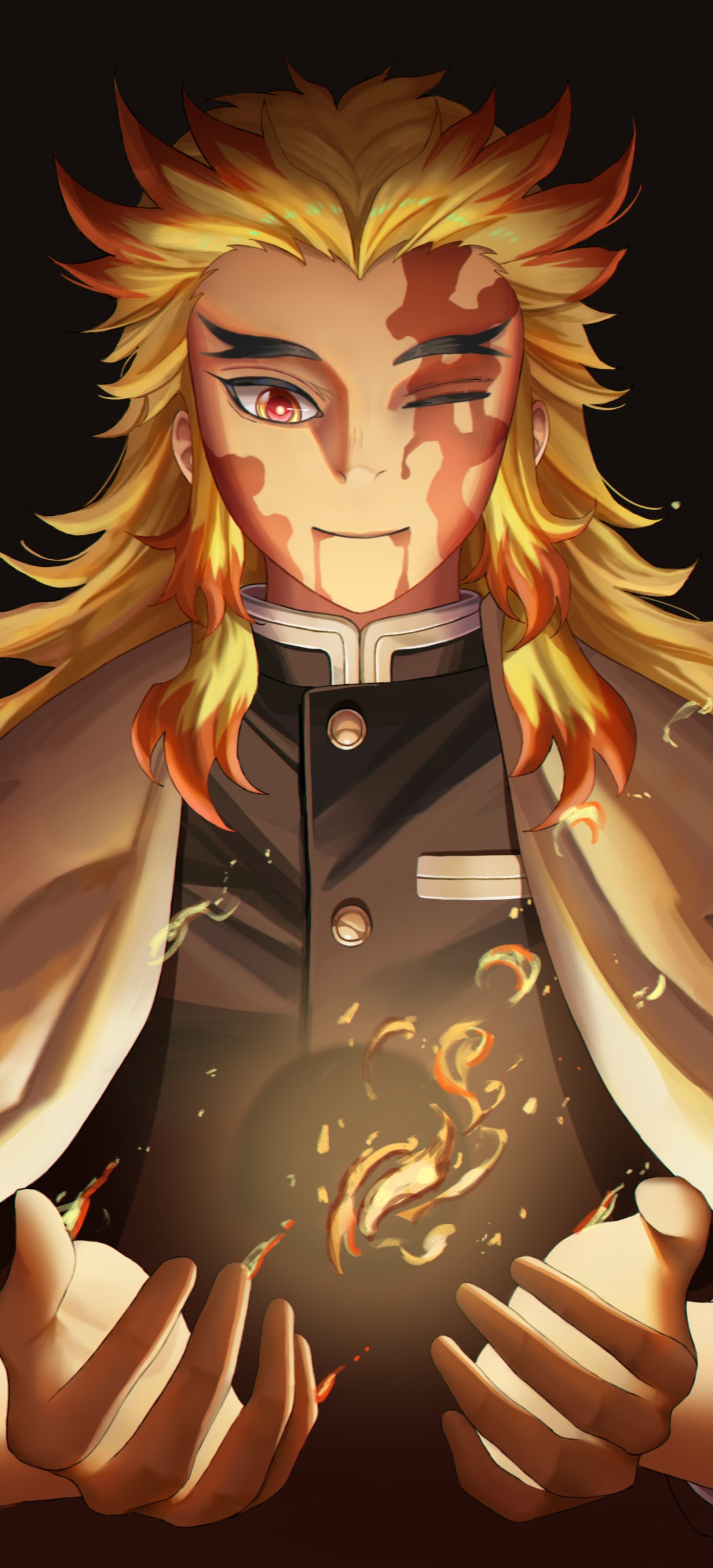 Phone wallpaper featuring Kyojuro Rengoku from Demon Slayer: Kimetsu no Yaiba, showcasing his fiery aura in anime style, designed for iPhone and Android screens.
