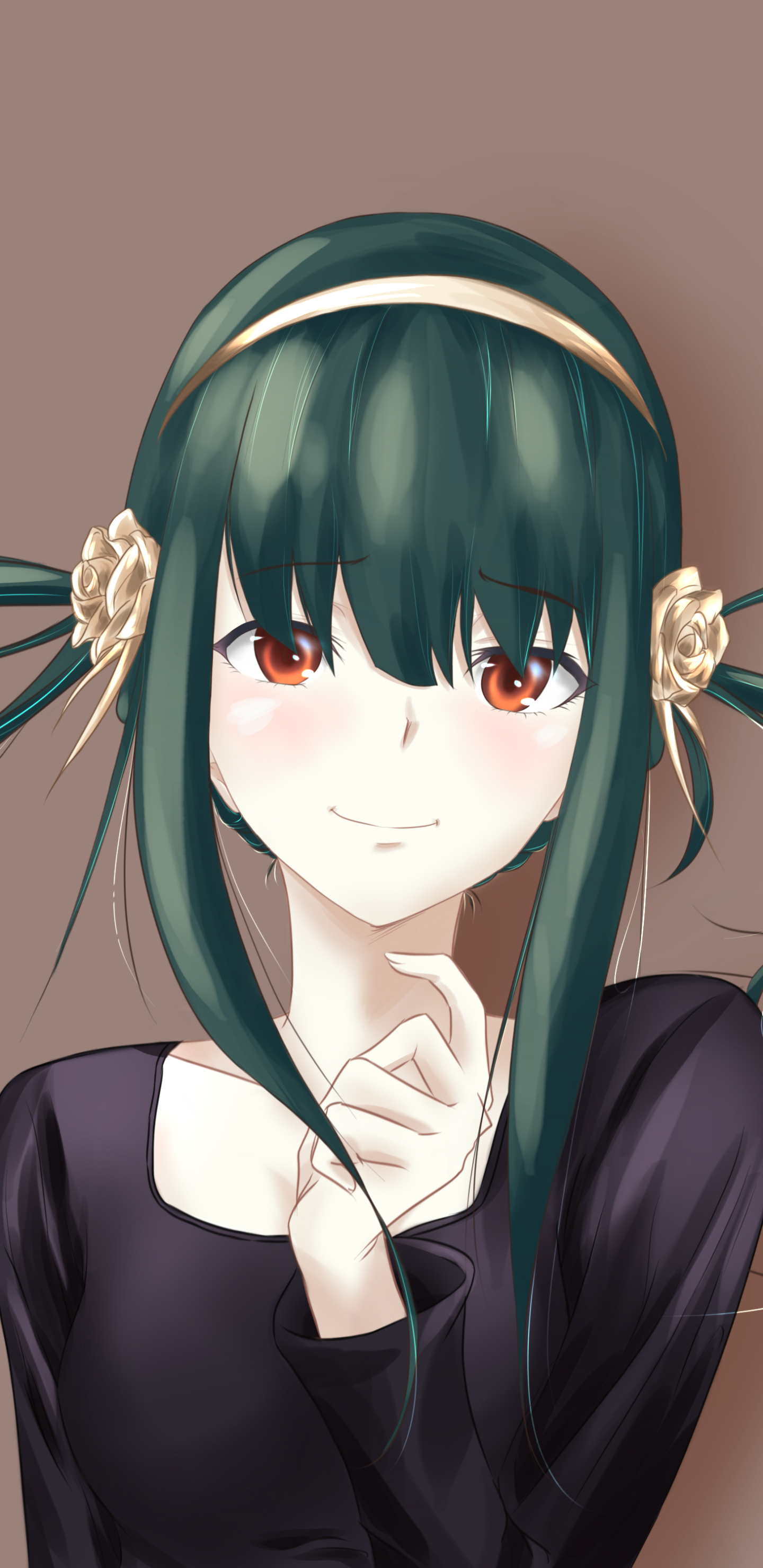 Phone wallpaper of Yor Forger (Spy x Family): close-up anime portrait with dark green hair, gold headband and rose hair ornaments, gentle smile and hand near chin on a muted brown background.