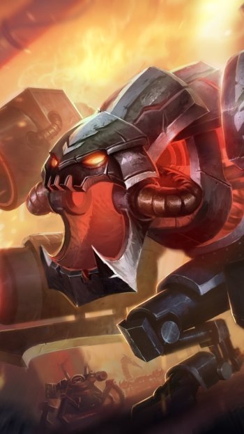 Phone wallpaper of Cho'gath (League of Legends), the video game creature in mecha armor — glowing eyes and gaping maw set against a fiery battlefield.