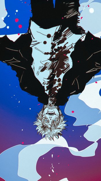 Upside-down stylized portrait of Satoru Gojo from Jujutsu Kaisen — anime phone wallpaper with blue-purple gradient, bold ink splatters, white hair and dark coat.