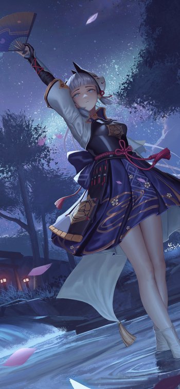 Phone wallpaper of Kamisato Ayaka from the video game Genshin Impact: she poses with a fan under moonlit trees, wearing a blue kimono as petals drift in a serene night scene.
