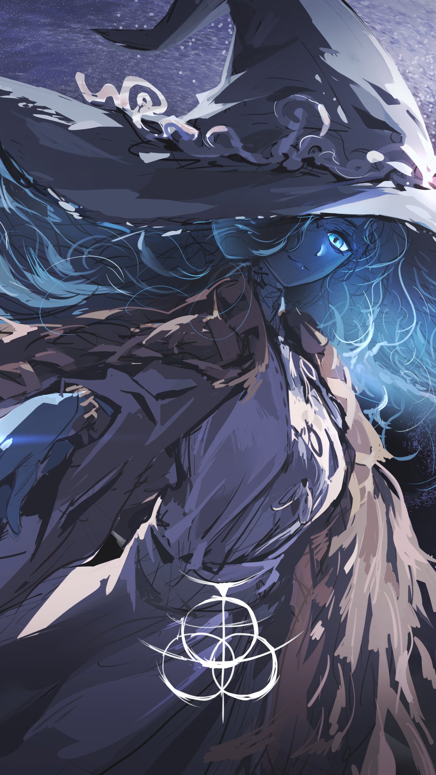 Phone wallpaper of Ranni the Witch from the video game Elden Ring — stylized portrait with flowing blue hair, broad witch hat, a luminous eye and an arcane sigil.