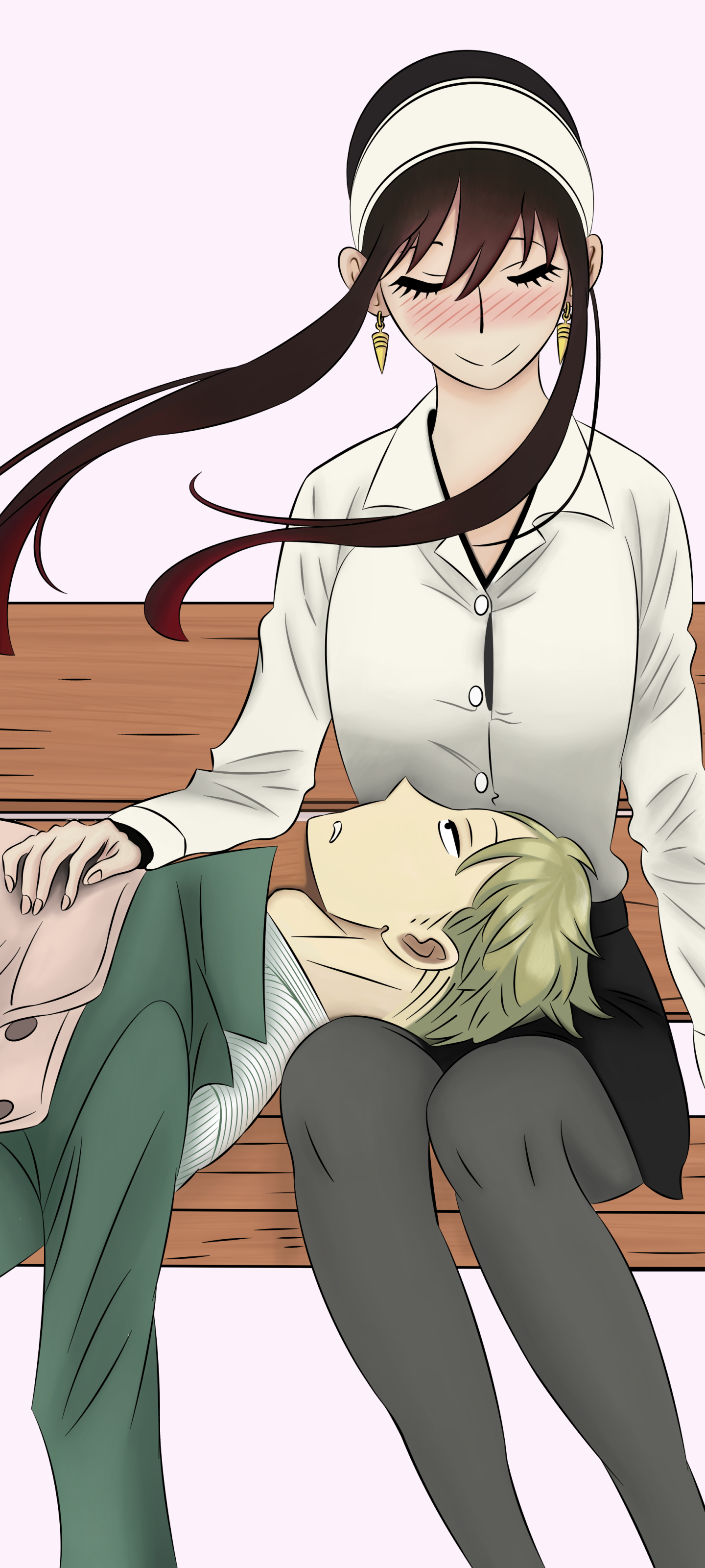 Anime-style phone wallpaper featuring Yor Forger sitting on a bench with Loid Forger resting his head on her lap, from the series Spy x Family, compatible with iPhone and Android screens.