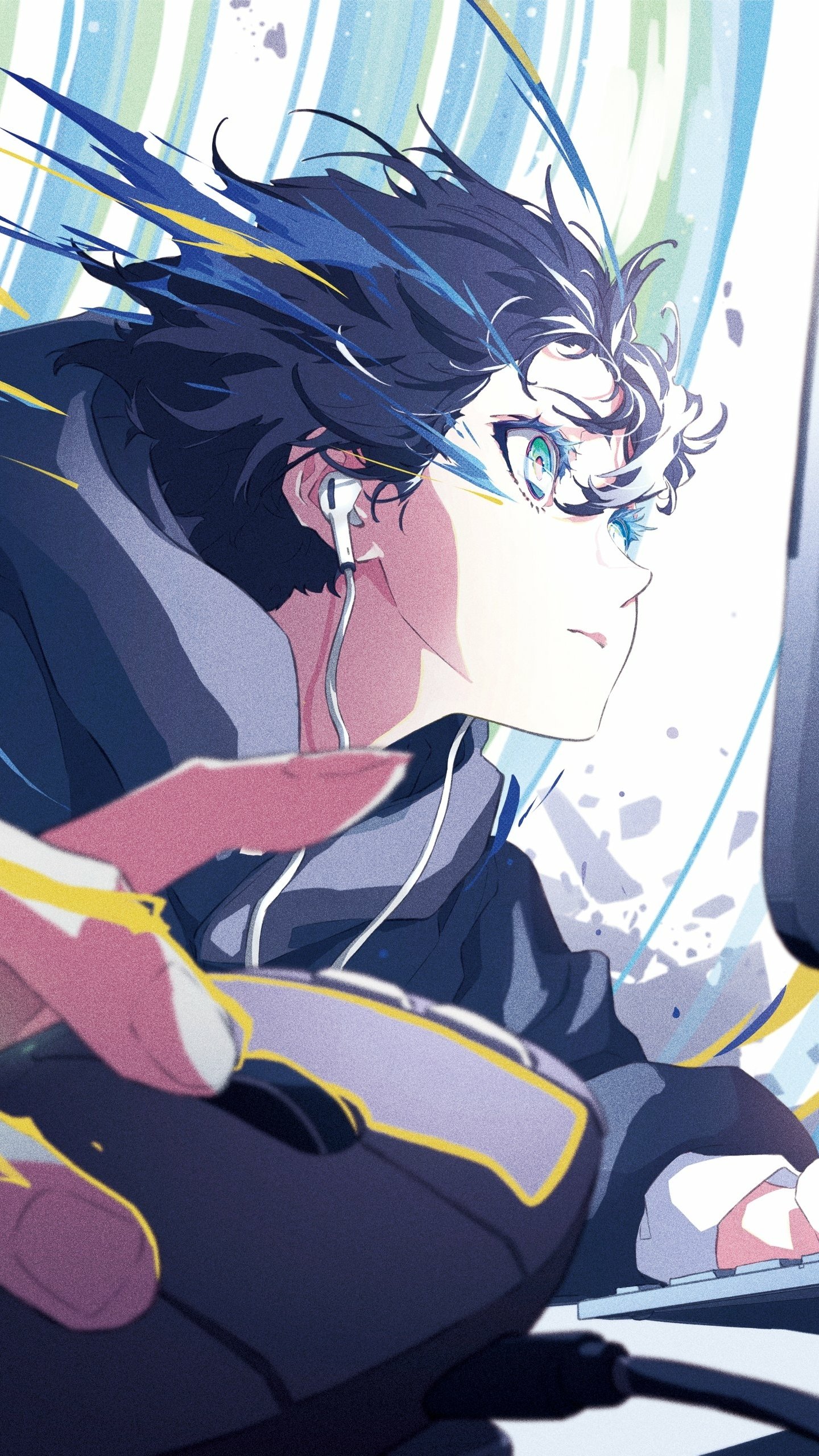 Blue-haired anime boy phone wallpaper: close-up of a focused youth with earbuds and windswept hair, reaching toward a keyboard as dynamic streaks of light sweep the background.