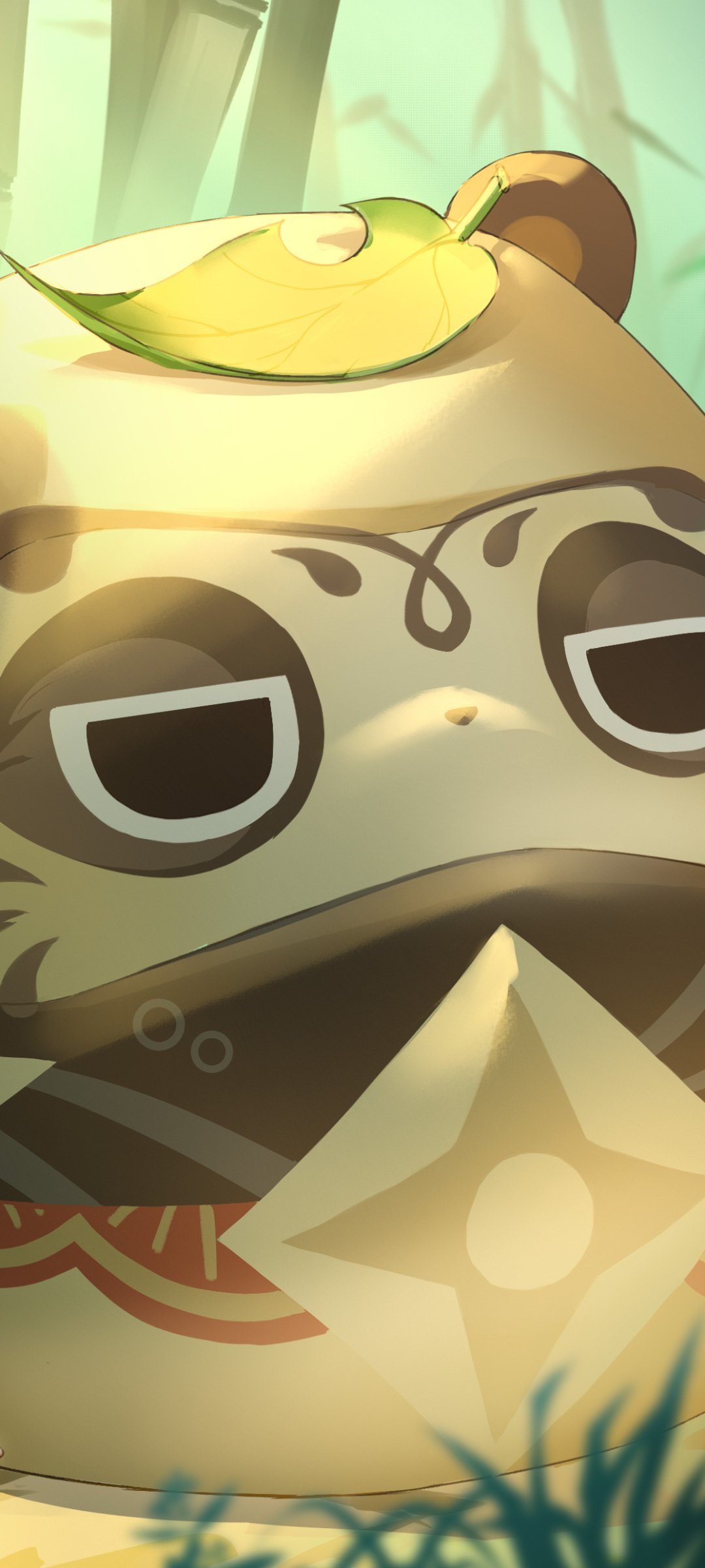 Phone wallpaper of Sayu, a video game character from Genshin Impact — close-up of her sleepy masked face with a leaf hat and soft green forest background.
