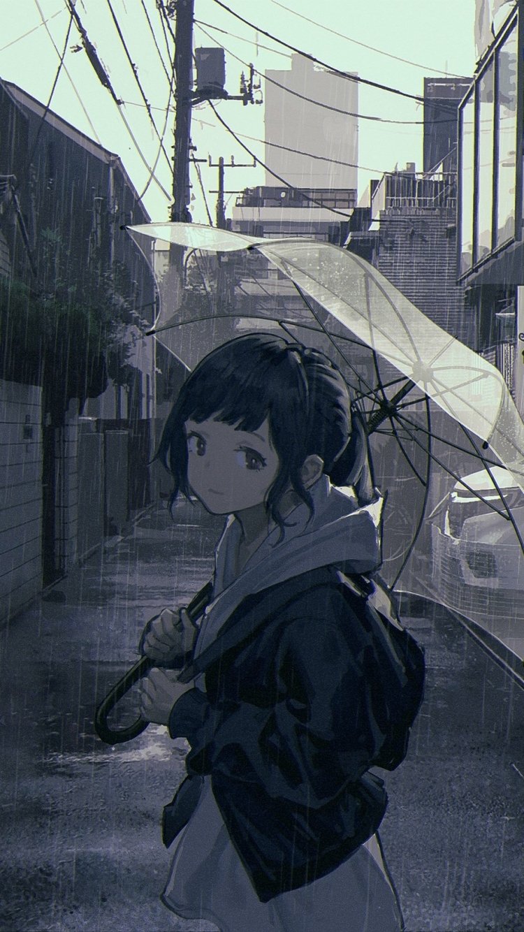 Anime girl holding a transparent umbrella in the rain on a city street, designed as a phone wallpaper for iPhone and Android.