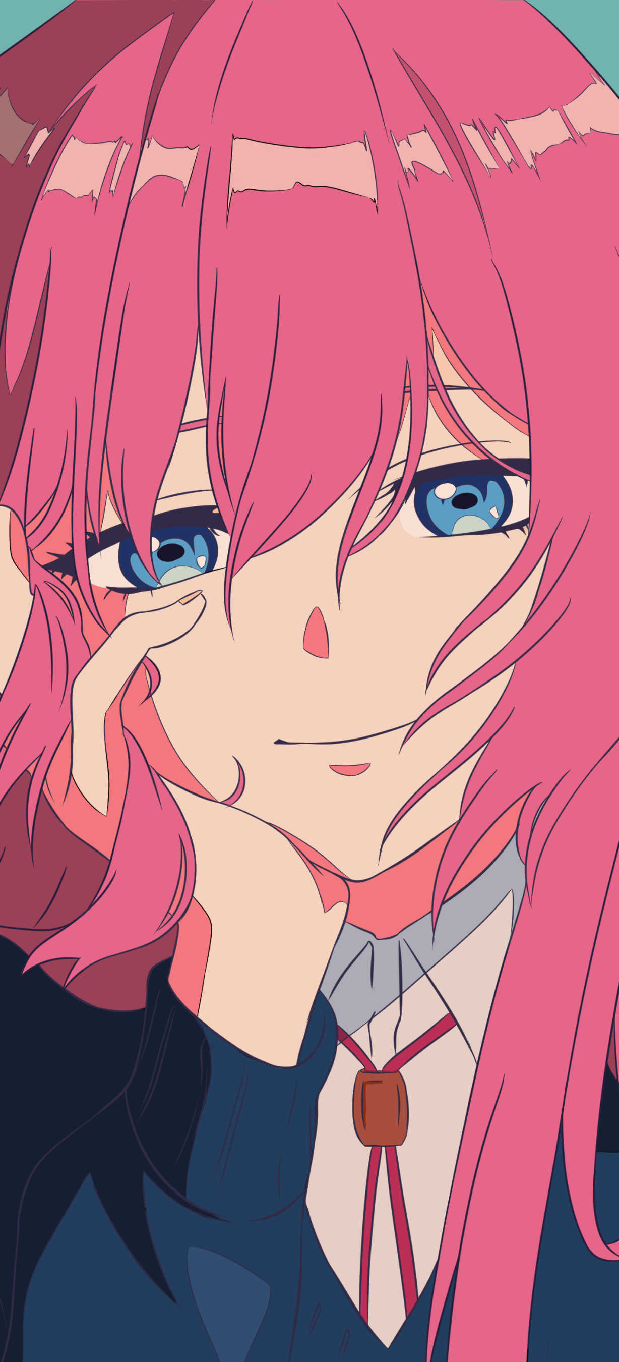 Phone wallpaper of Micchon Shikimori from the anime Shikimori's Not Just a Cutie — close-up of a pink-haired, blue-eyed girl smiling with her hand on her cheek in a school uniform.
