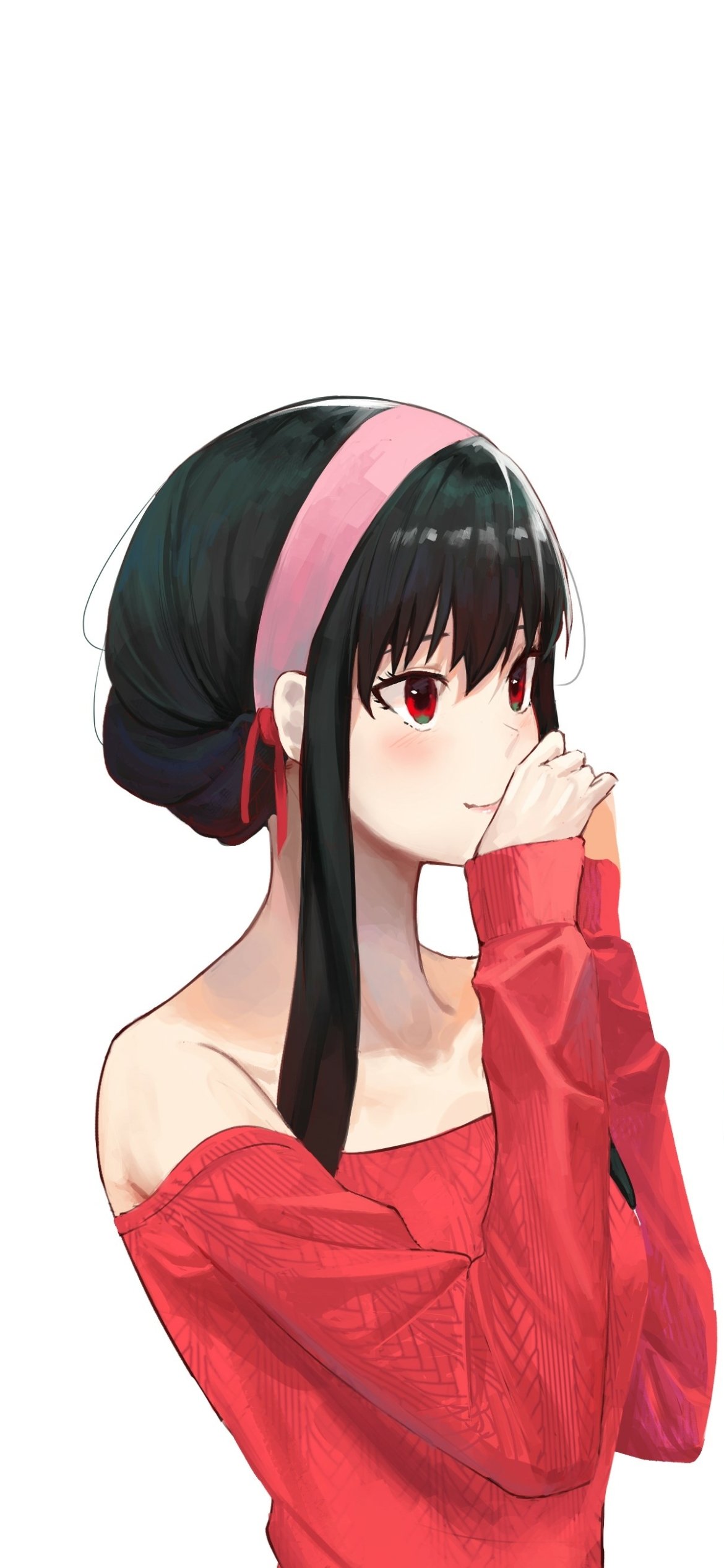 Phone wallpaper featuring Yor Forger from Spy x Family in a red off-shoulder top and pink headband, designed for both iPhone and Android screens.