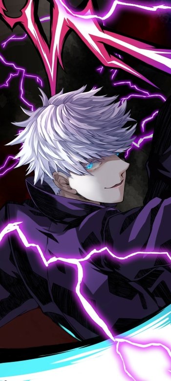 Phone wallpaper of Satoru Gojo (Jujutsu Kaisen anime): smirking with white hair and bright blue eyes, cloak swirling as purple lightning crackles around him.