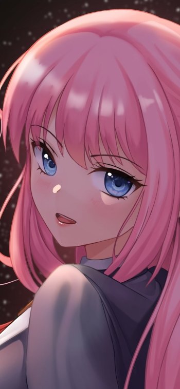 Phone wallpaper of Micchon Shikimori from Shikimori's Not Just a Cutie — close-up: pink hair, bright blue eyes, gentle smile against a starry night background.