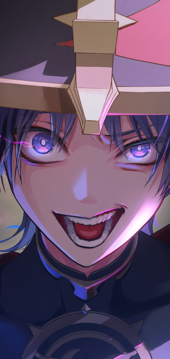 Phone wallpaper close-up of Scaramouche (Genshin Impact): manic grin, glowing violet eyes under a wide-brim hat, dramatic shadows and vivid anime-style lighting.