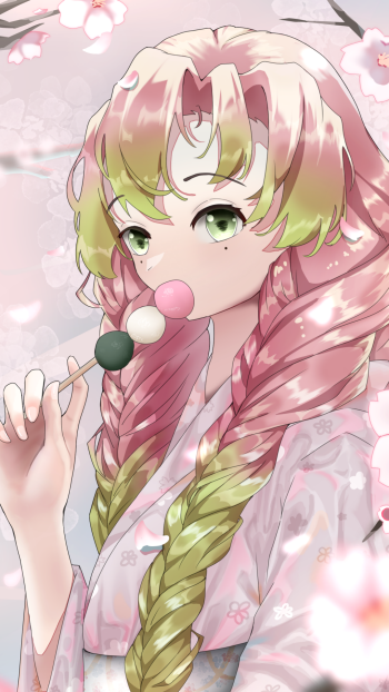 Phone wallpaper of Mitsuri Kanroji (Demon Slayer: Kimetsu no Yaiba): close-up anime portrait with braided pink-green hair, pastel kimono, holding three-color dango amid falling cherry blossoms.