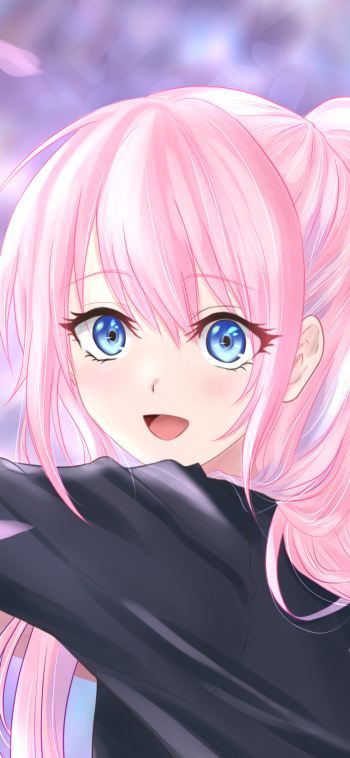 Phone wallpaper of Micchon Shikimori from the anime Shikimori's Not Just a Cutie — close-up of a smiling pink-haired girl with bright blue eyes and a soft pastel bokeh background.