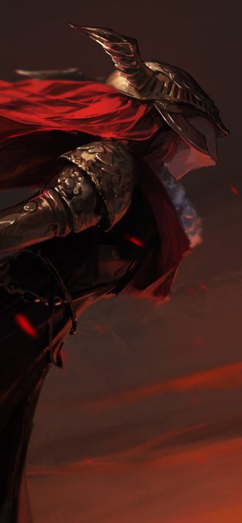 Phone wallpaper featuring Malenia Blade of Miquella from Elden Ring, showcasing dynamic armor details and flowing red cape on a dark, moody background.