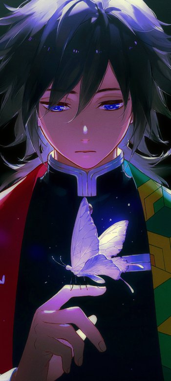 Giyuu Tomioka from Demon Slayer: Kimetsu no Yaiba holding a glowing butterfly, depicted in vibrant anime style phone wallpaper for iPhone and Android.