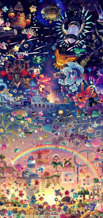 Colorful Kirby-themed video game collage with numerous characters and scenes, designed as a vibrant phone wallpaper for iPhones and Android devices.