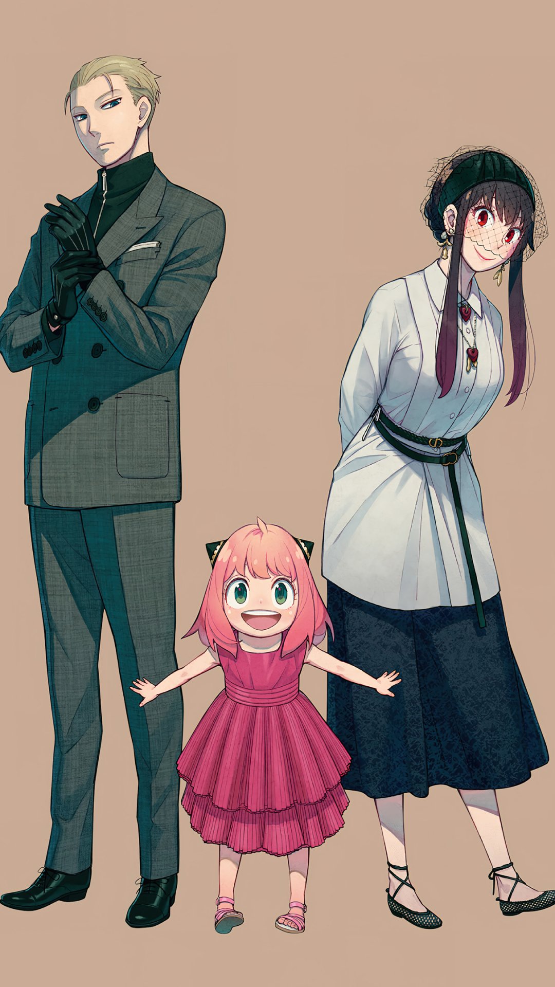 Vertical phone wallpaper of Spy x Family anime: Loid and Yor Forger flanking smiling Anya in a pink dress, designed for iPhone and Android screens.