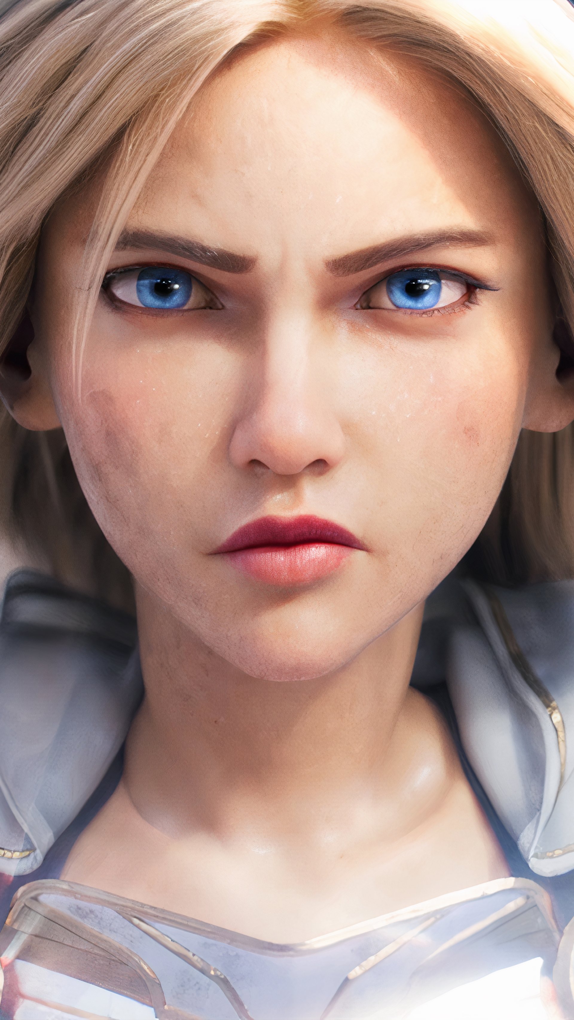 Close-up portrait of Lux from League of Legends, featuring her striking blue eyes, designed as a vibrant phone wallpaper for iPhone and Android devices.