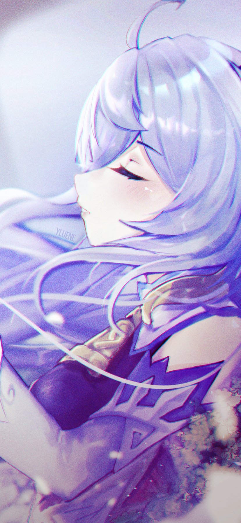 Phone wallpaper of Ganyu from Genshin Impact: serene close-up profile with closed eyes, flowing pale-blue hair and soft purple glow, dreamy video game portrait.