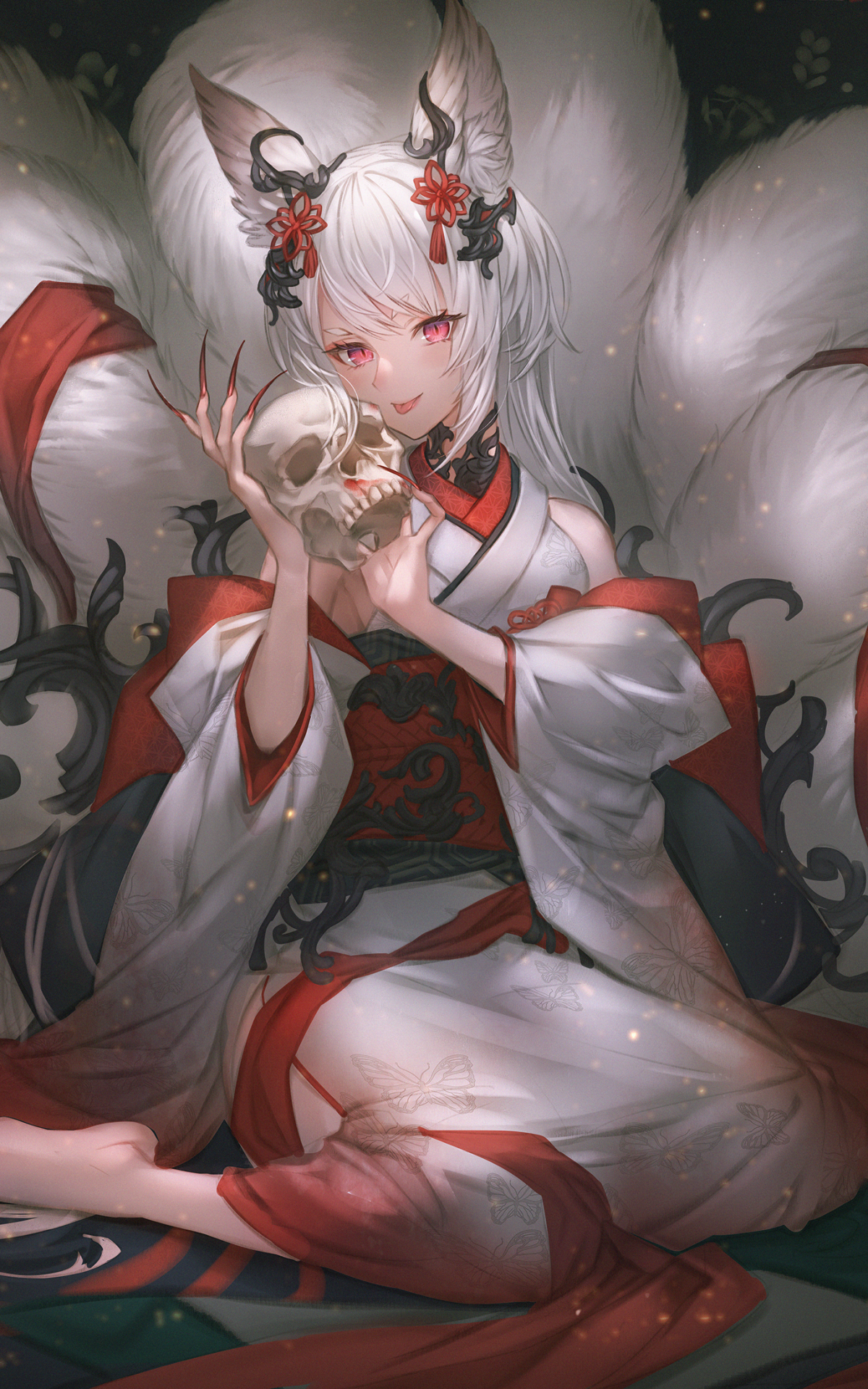 Anime girl with white fox ears and many tails, wearing a red-and-white kimono and cradling a skull; moody dark tones — phone wallpaper.