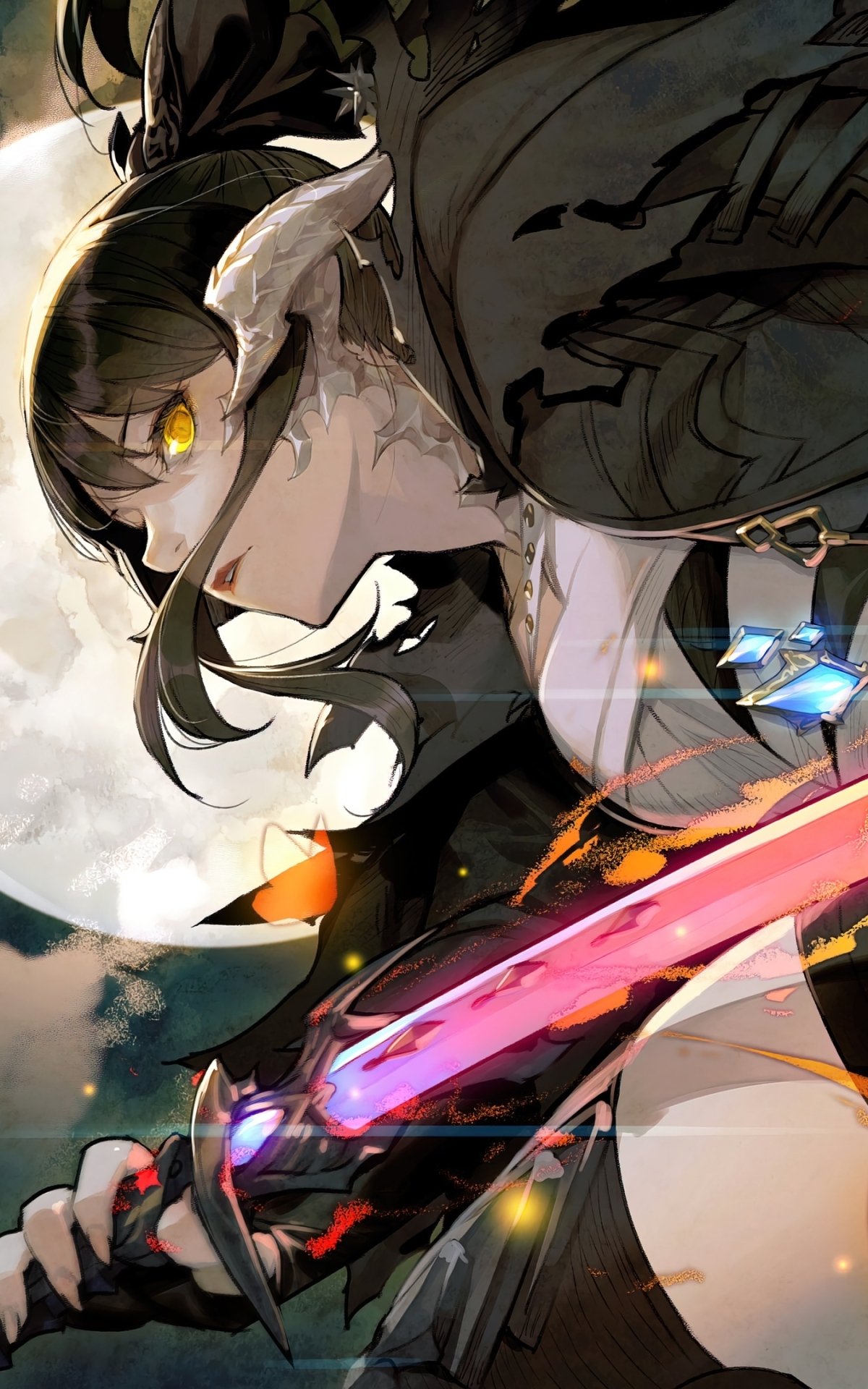 Anime girl with glowing yellow eyes and dark horns, holding a glowing pink sword, set against a dynamic background—designed as a phone wallpaper for iPhones and Android devices.