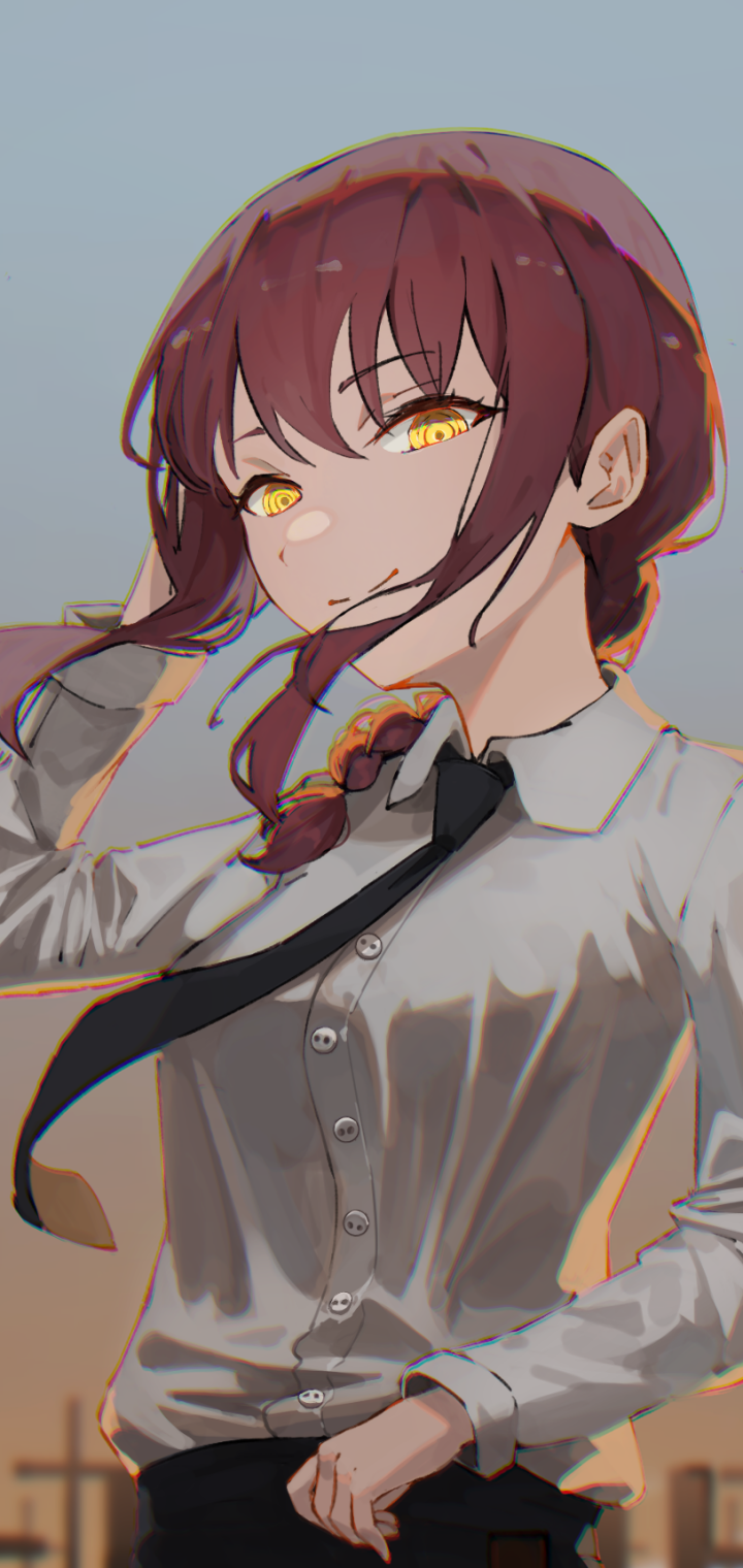 Phone wallpaper of Makima from Chainsaw Man: anime portrait with amber eyes, braided hair, white shirt and loosened black tie against a warm dusk sky.