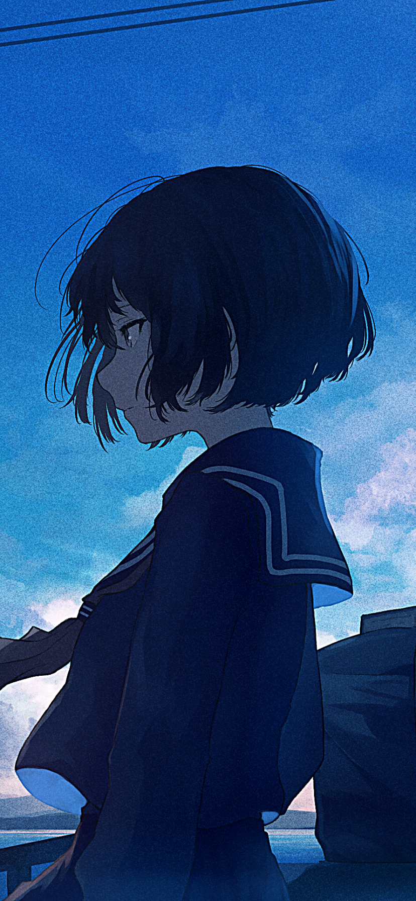 Phone wallpaper of an anime girl in a sailor uniform, short dark bob in profile against a vivid blue sky with clouds and distant power lines.
