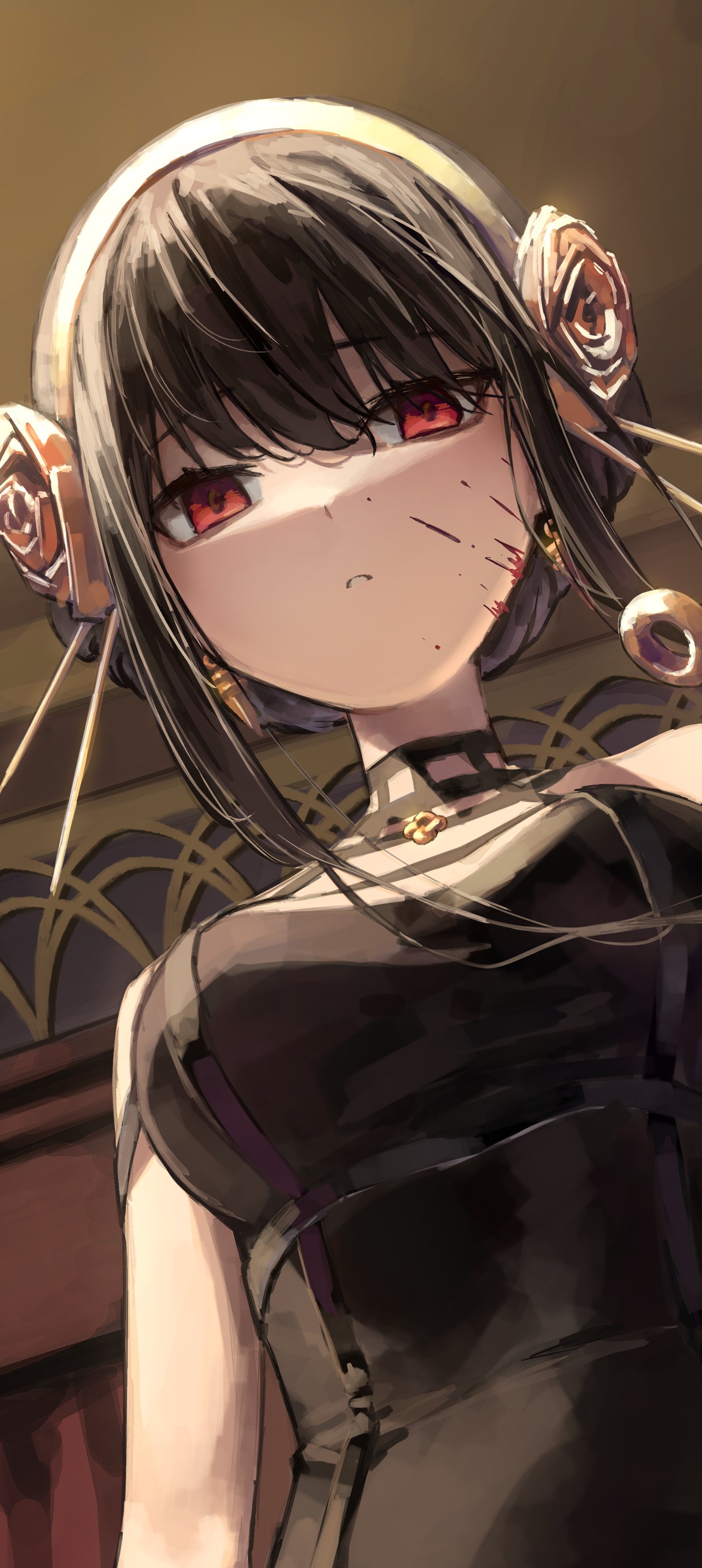 Phone wallpaper of Yor Forger from Spy x Family: close-up anime portrait with red eyes, black dress, rose hair ornaments and a small bloodstain.