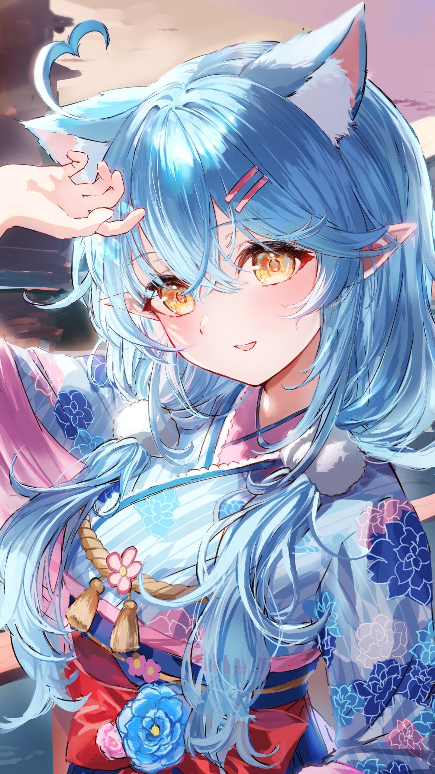 Anime-style Virtual YouTuber Yukihana Lamy from Hololive in a detailed blue kimono, designed as a vibrant phone wallpaper for iPhones and Android devices.