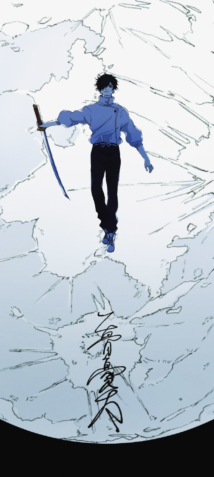 Phone wallpaper featuring Yuta Okkotsu from the anime Jujutsu Kaisen, with dynamic blue tones and a sword, designed for both iPhones and Android devices.