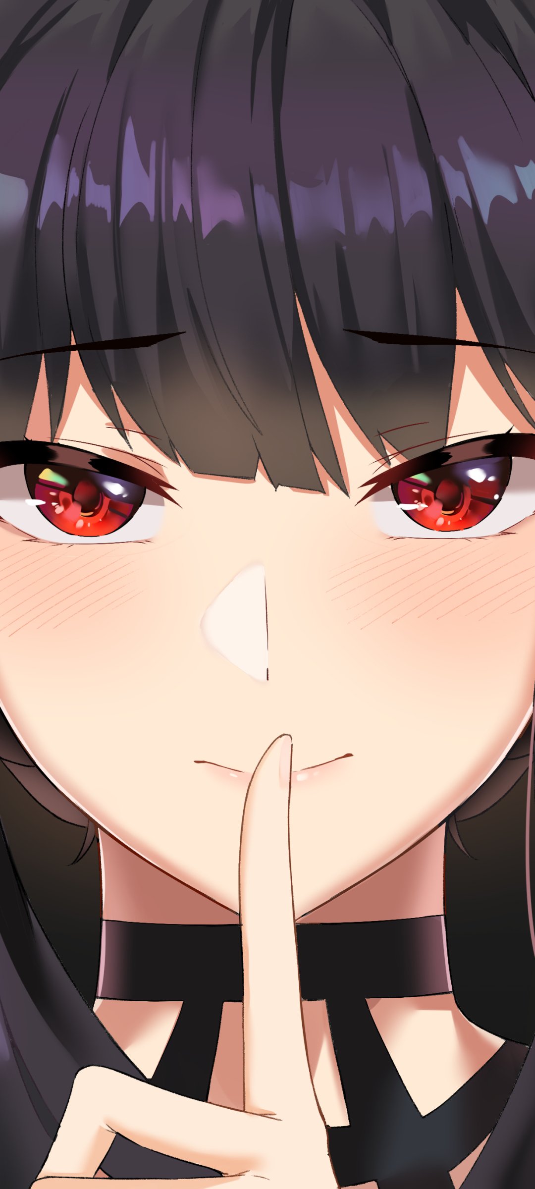 Phone wallpaper of Yor Forger from Spy x Family — close-up anime portrait: dark hair, red eyes, subtle blush, black choker, finger pressed to lips in a shushing pose.