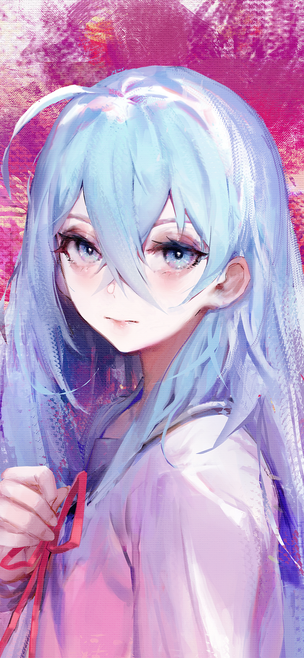 Anime phone wallpaper featuring Vivy from Vivy: Fluorite Eye's Song with flowing blue hair and a soft purple-pink background, designed for iPhone and Android screens.