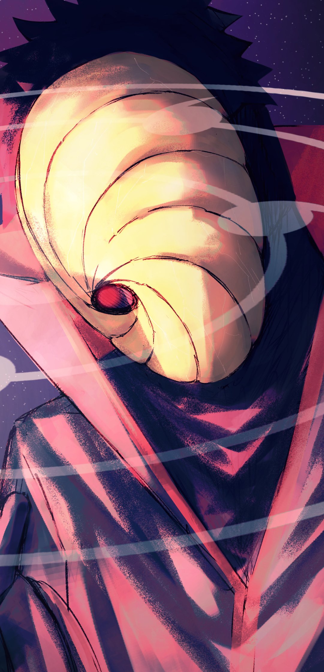 Phone wallpaper featuring Obito Uchiha from the anime Naruto, showcasing his distinctive spiral mask and dark attire on a vibrant background for iPhone and Android.