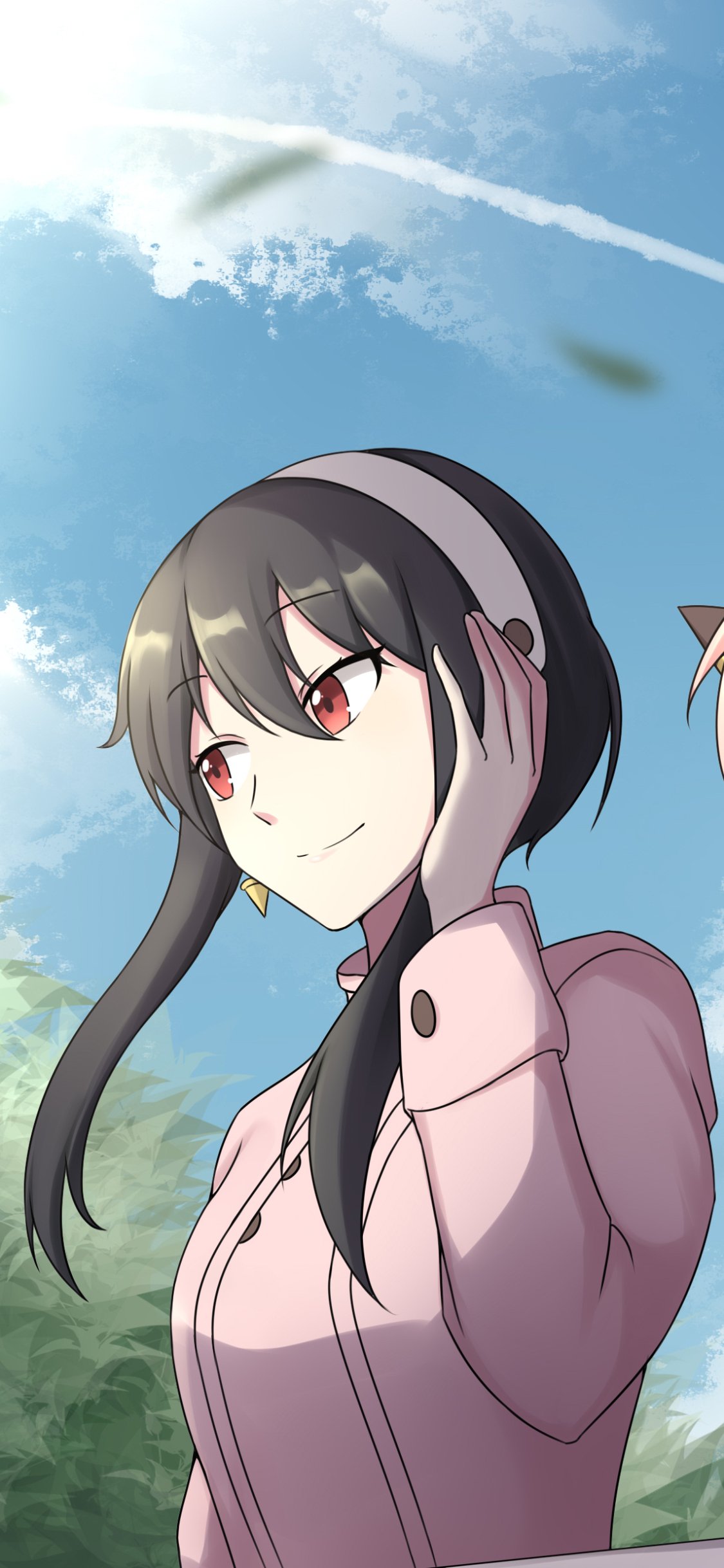 Phone wallpaper featuring Yor Forger from the anime Spy x Family, with a bright sky background, designed for iPhone and Android devices.