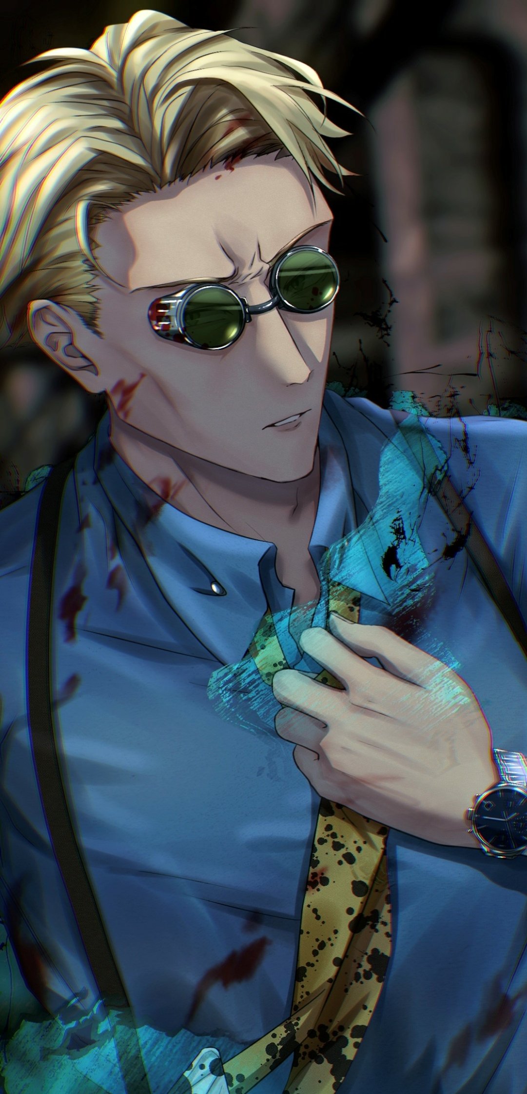 Phone wallpaper of Kento Nanami (Jujutsu Kaisen): blond, sunglasses, bloodied blue suit, tugging a patterned tie with a stern, battle-worn expression.