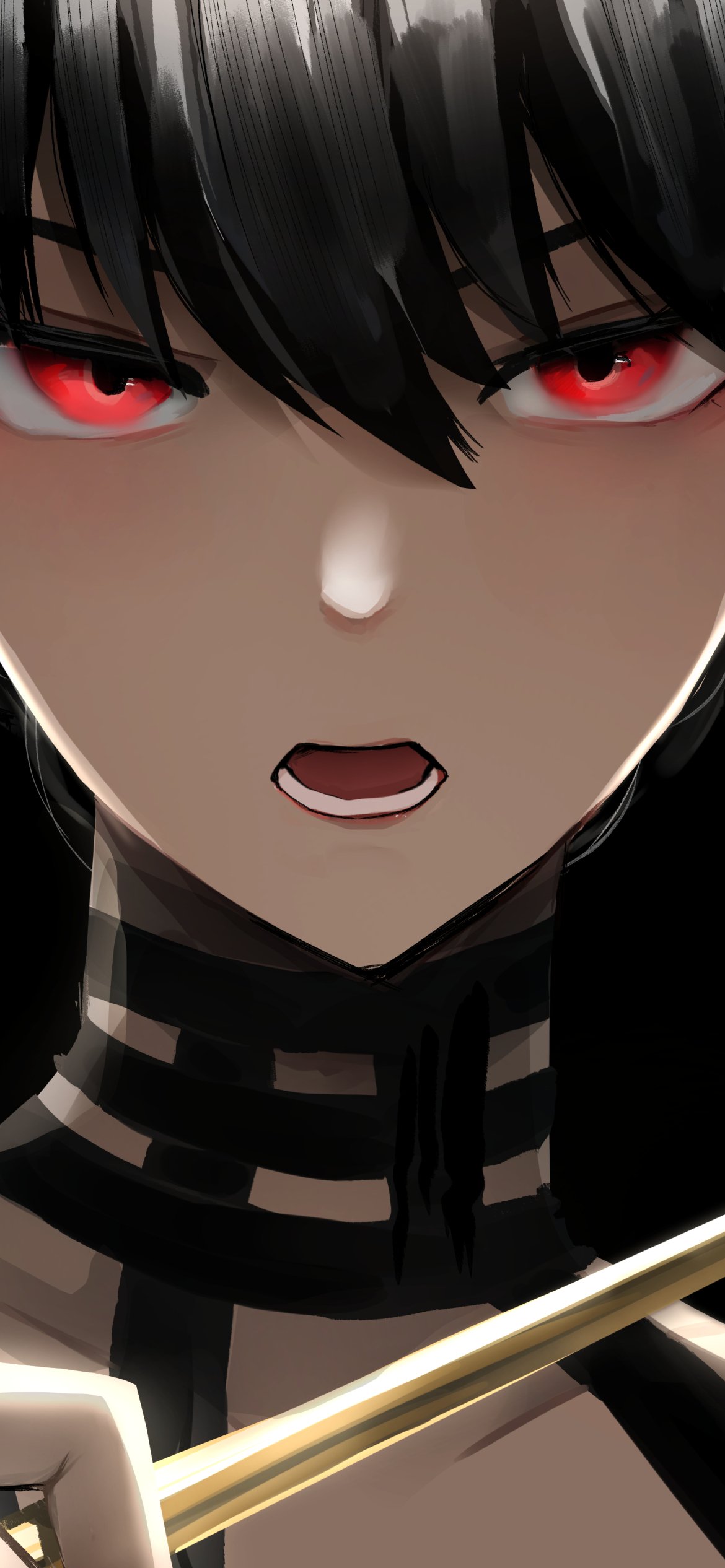 Phone wallpaper of Yor Forger (Anime, Spy x Family): intense close-up of her face with glowing red eyes, dark hair, strappy black choker and a gold blade.