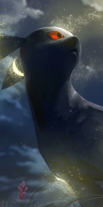 Phone wallpaper featuring Umbreon from Pokémon anime, depicted with glowing accents and red eyes against a dark, mystical background, compatible with iPhones and Android phones.