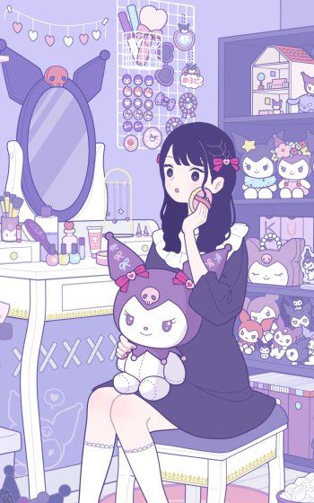 A kawaii anime-style phone wallpaper featuring a girl with dark hair holding a Kuromi plush, surrounded by pastel purple decor and Onegai My Melody-themed items.