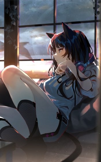 Phone wallpaper of an anime girl with cat ears and headphones, lounging by a sunset window bathed in warm light with a distant cityscape beyond.