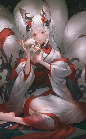 Anime girl with white fox ears and many tails, wearing a red-and-white kimono and cradling a skull; moody dark tones — phone wallpaper.