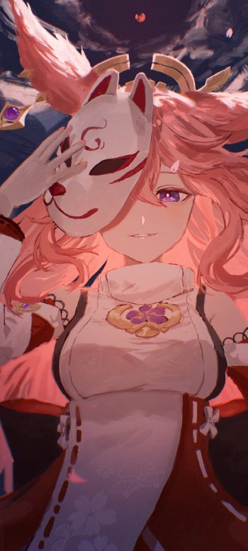 Yae Miko Guuji from Genshin Impact featured in a vibrant phone wallpaper designed for iPhone and Android devices, showcasing her elegant fox mask and flowing pink hair.