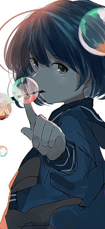 Anime girl with short blue hair and focused gaze, an anime portrait of a girl reaching to touch floating bubbles — vertical phone wallpaper.