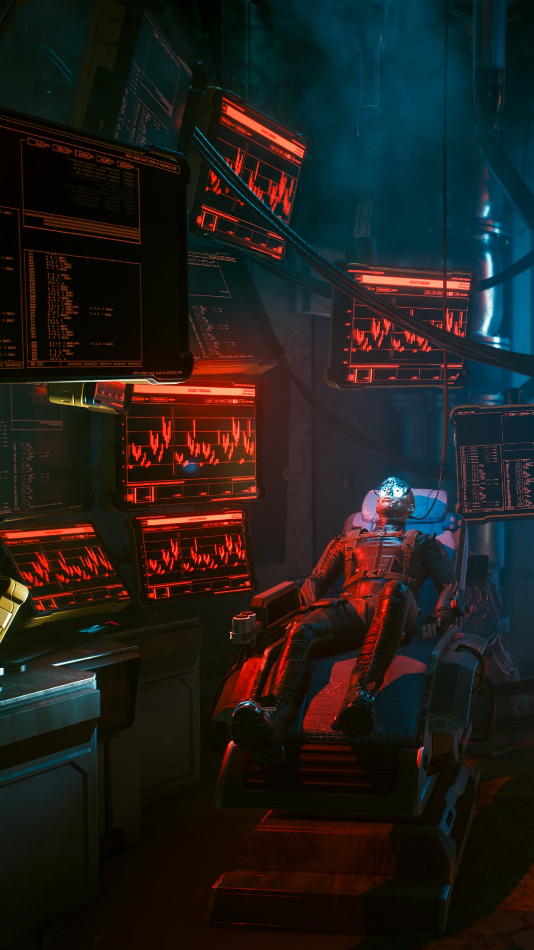 Cyberpunk 2077 video game phone wallpaper: neon-lit hacker lair with a cybernetic figure reclined in a chair amid glowing monitors and streams of red code.