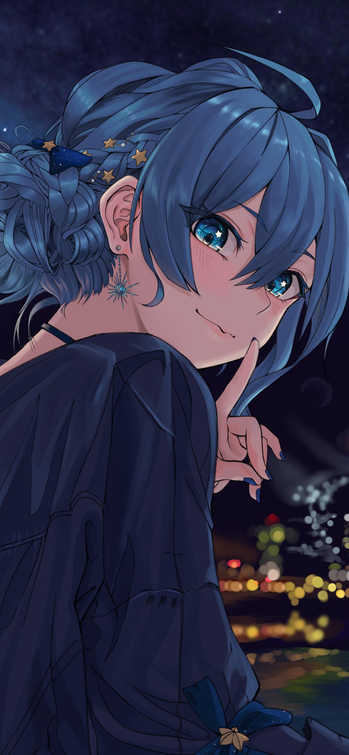 Anime-style phone wallpaper of Hoshimachi Suisei from hololive, featuring a detailed night sky backdrop and vibrant blue hair, designed for both iPhone and Android screens.