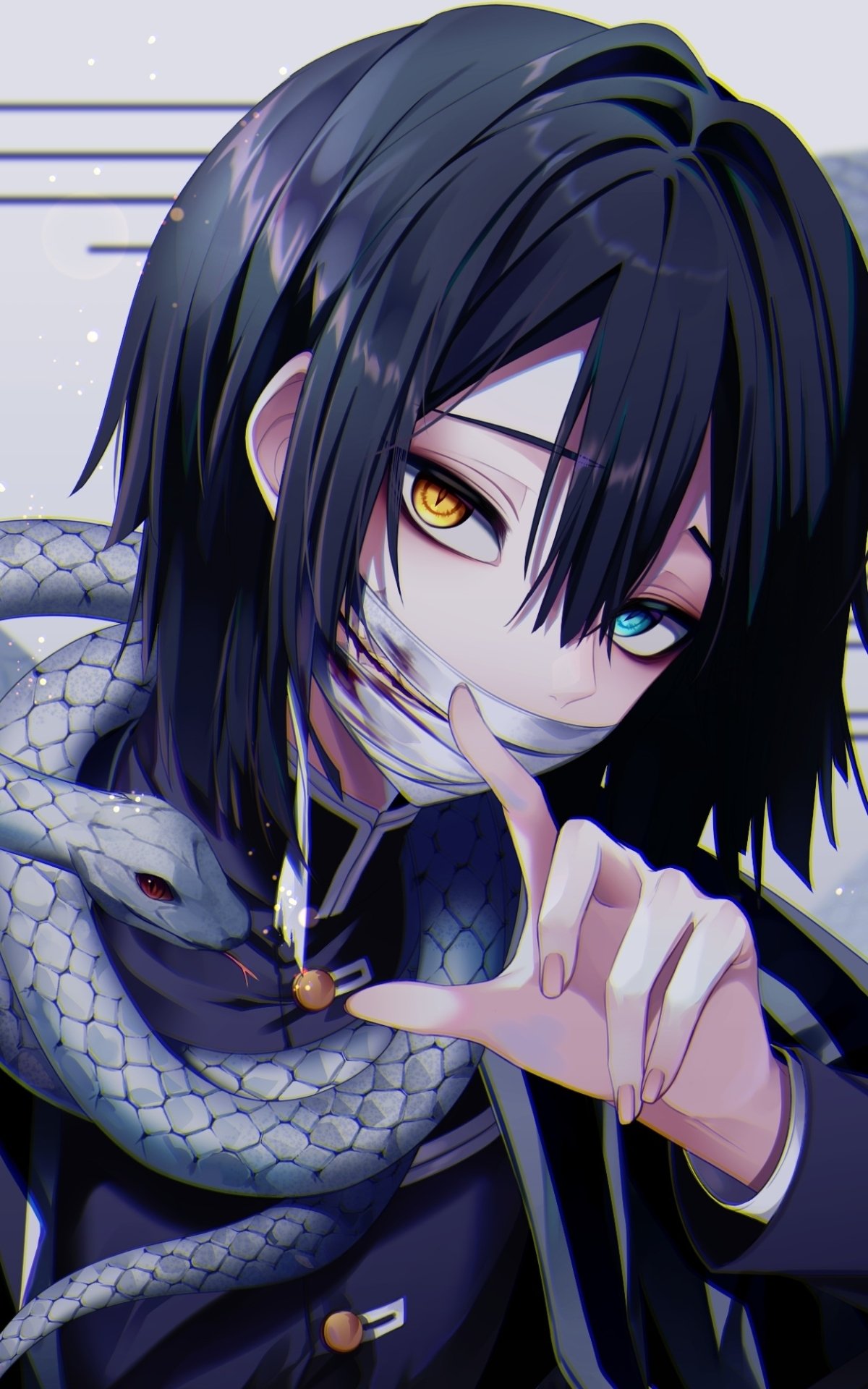 Phone wallpaper of Obanai Iguro from Demon Slayer: Kimetsu no Yaiba — a pale snake coils around his shoulders, heterochromatic eyes, bandaged lower face, dark hair and sly expression.