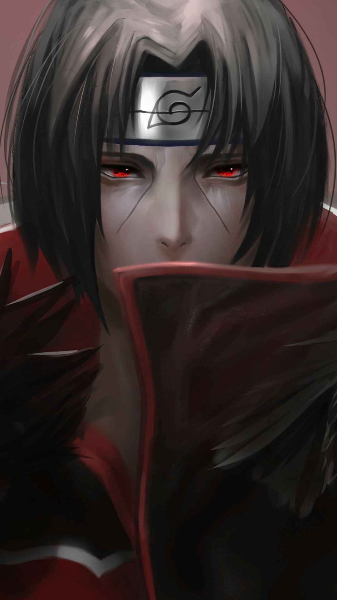 Phone wallpaper of Itachi Uchiha (Naruto) — close-up anime portrait with glowing red Sharingan eyes, Konoha headband and Akatsuki cloak in moody, dark tones.