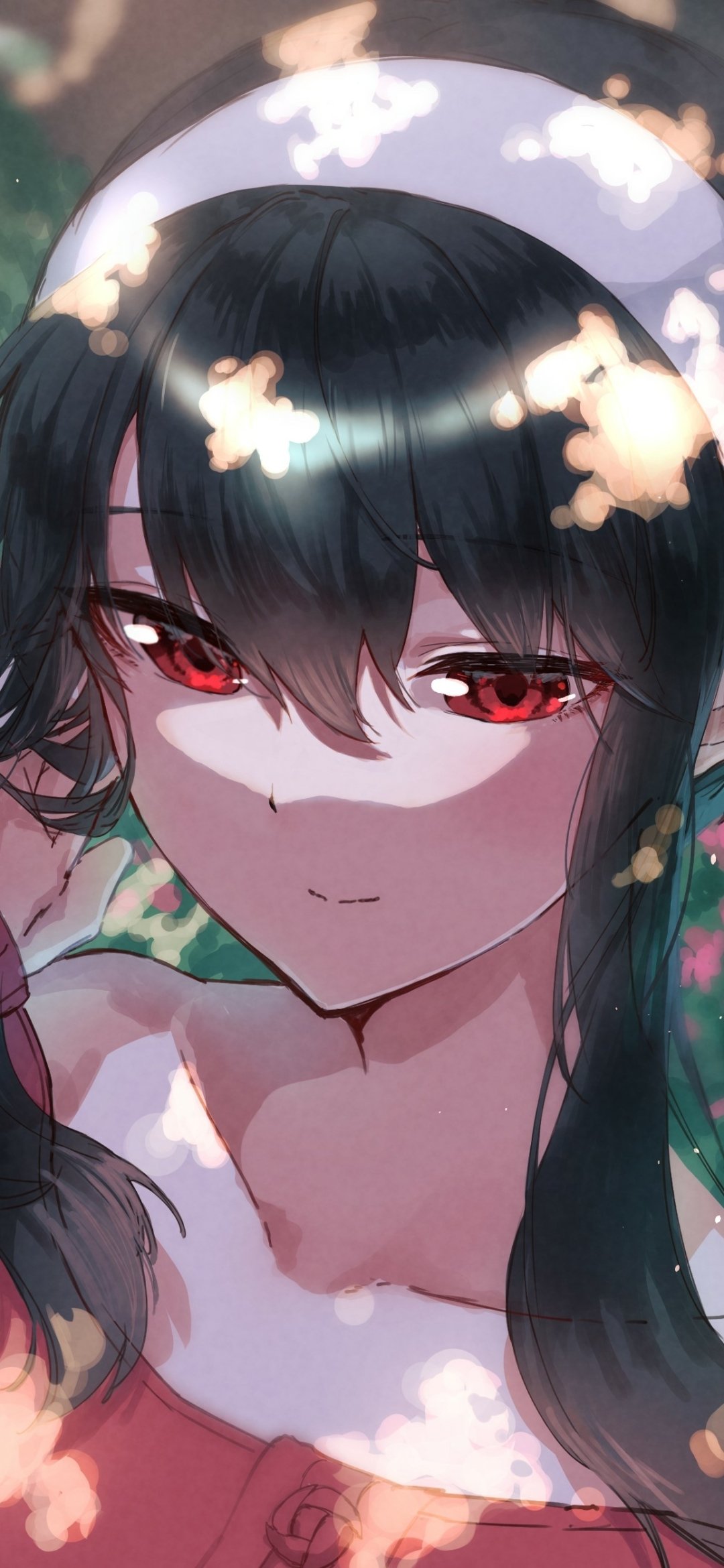 Close-up anime-style phone wallpaper of Yor Forger from Spy x Family, soft floral light on her dark hair and red eyes, serene half-smile.