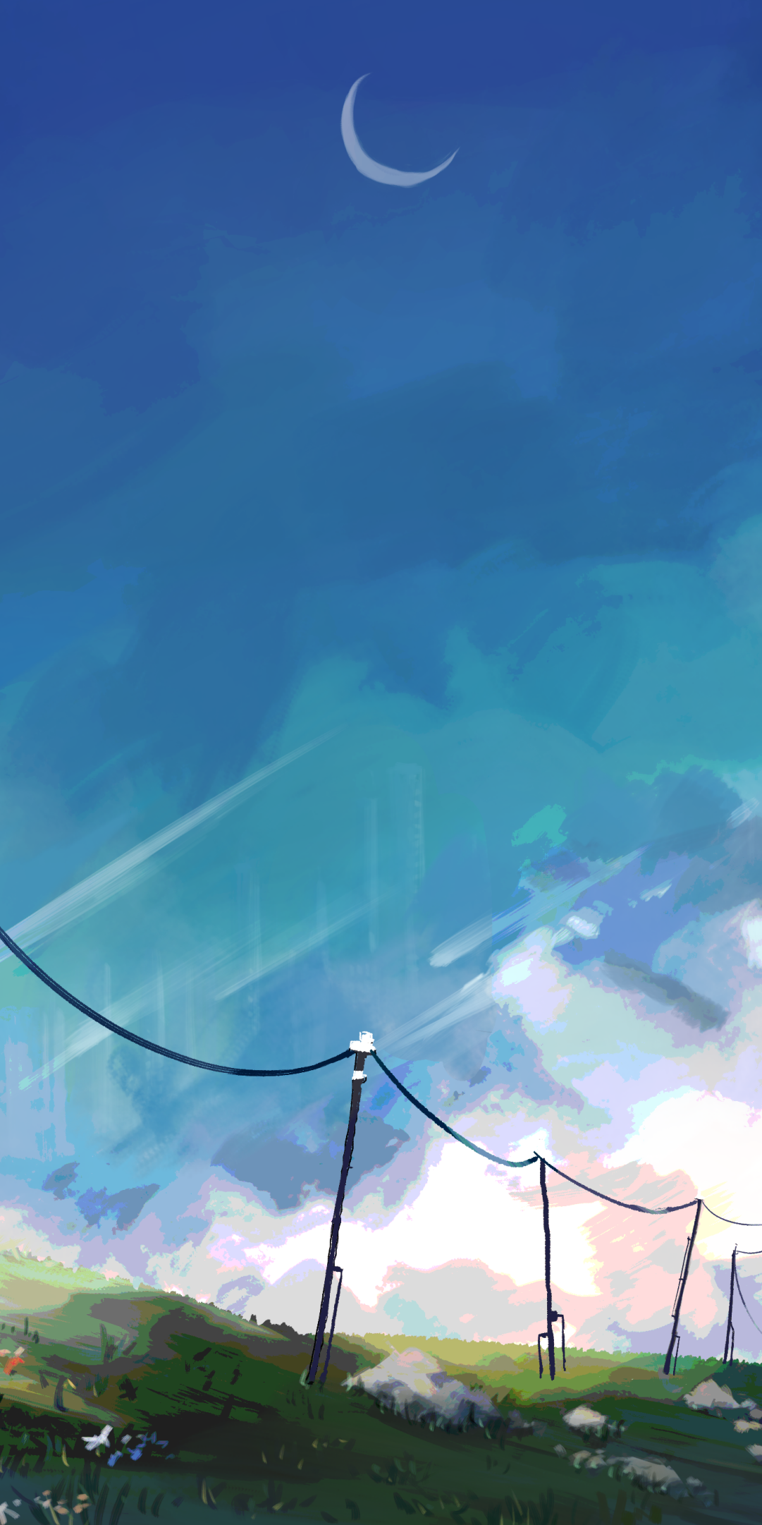 Anime-style scenic phone wallpaper for iPhone and Android: crescent moon above a deep blue sky, wispy clouds, rolling green hills and silhouetted power lines stretching into the distance.