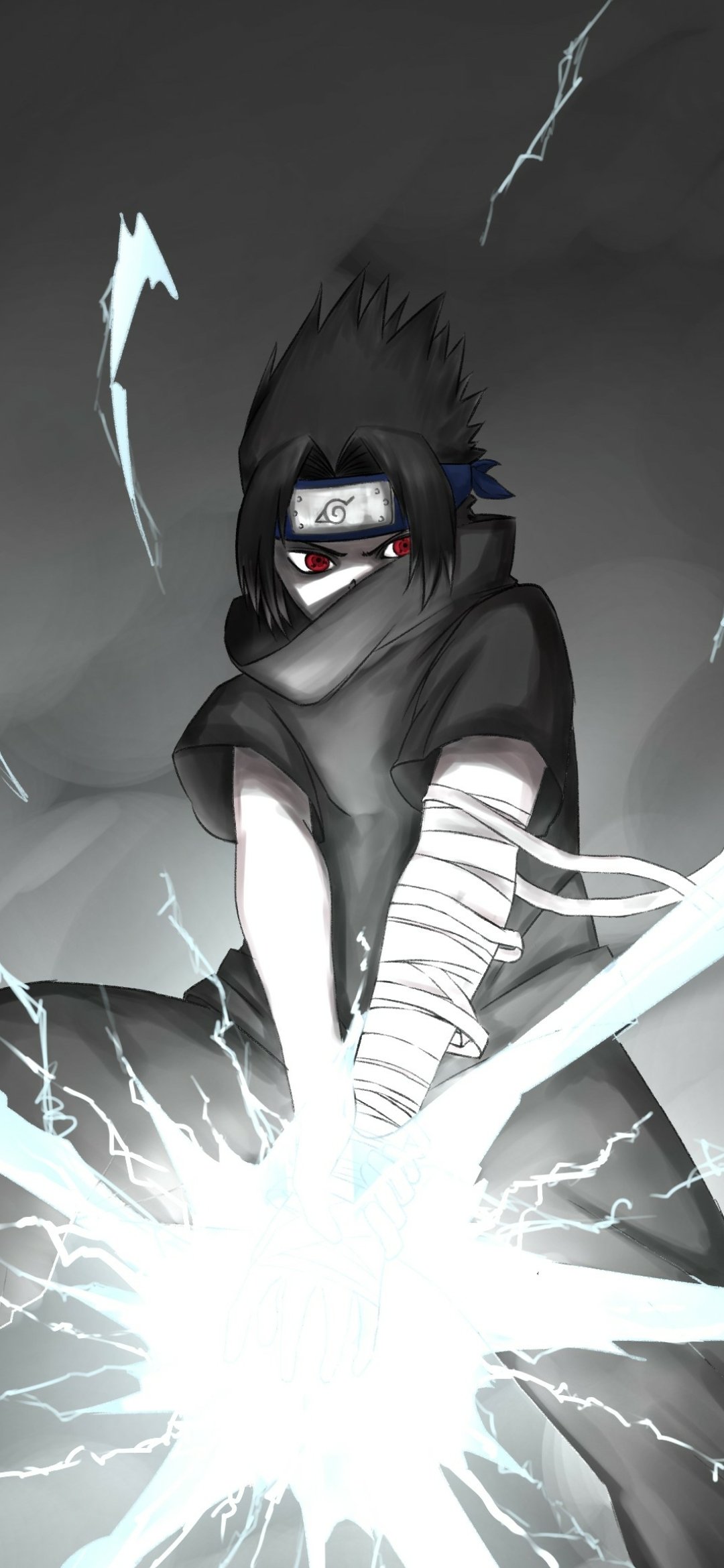 Anime Naruto phone wallpaper showing Sasuke cloaked in shadow, Sharingan ablaze as he summons a crackling Chidori lightning strike.